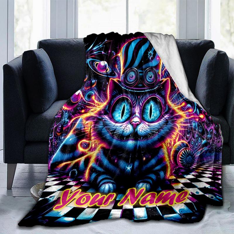 1PC Custom Name Psychedelic Cat Dreamscape flannel blanket versatile,all-season throw suitable for the living room,bedroom,camping,travel,and gift