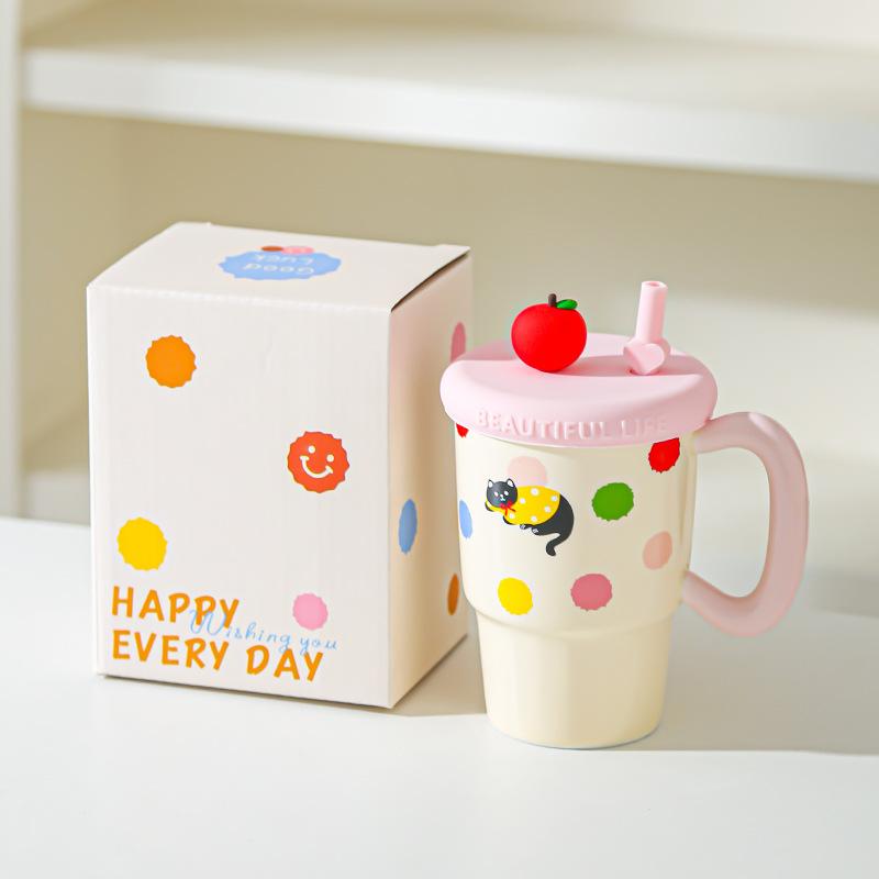 

Apple Sippy Cup for Girls Birthday Girl Heart Cat Sippy Cup Cute Ceramic Mug Souvenir Gift Box 300mL-500mL