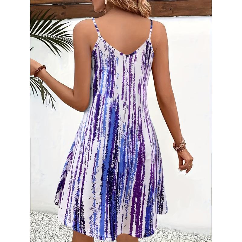 Spaghettiträgerkleid mit abstraktem Druck, lässiges, ärmelloses A-Linien-Camisole-Kleid mit V-Ausschnitt, Damenbekleidung
