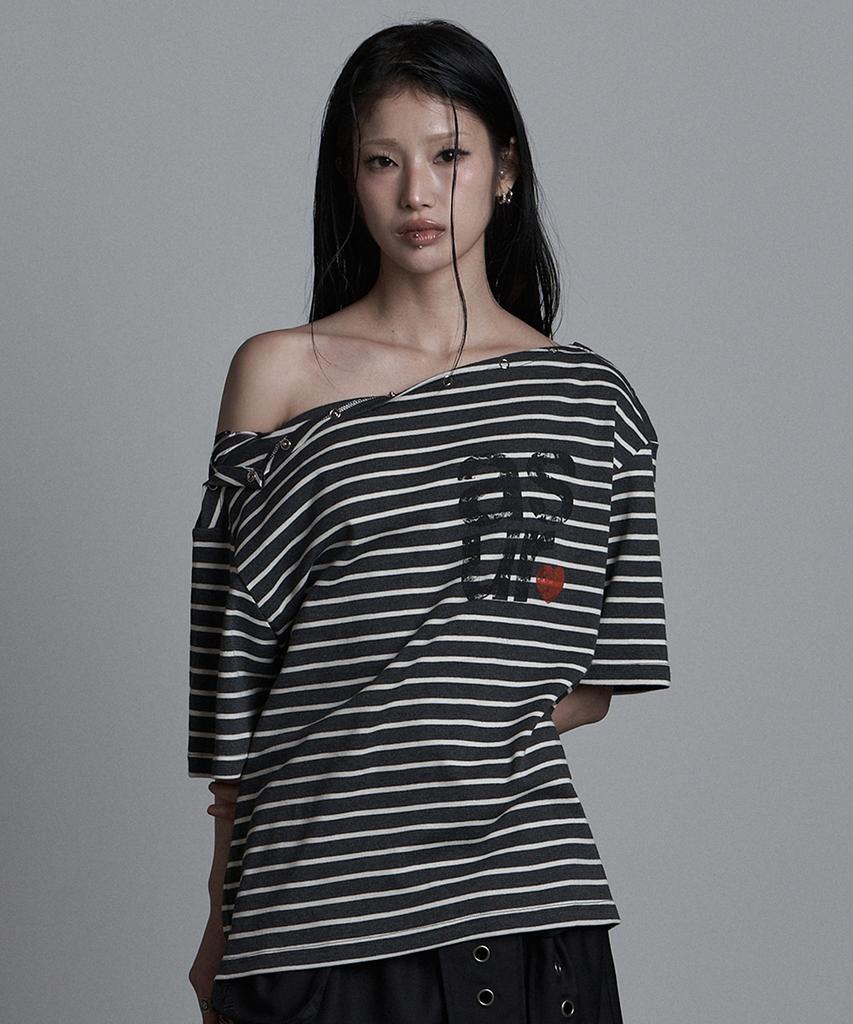 Aejeuyua Striped Off-Shoulder T-Shirt Charcoal