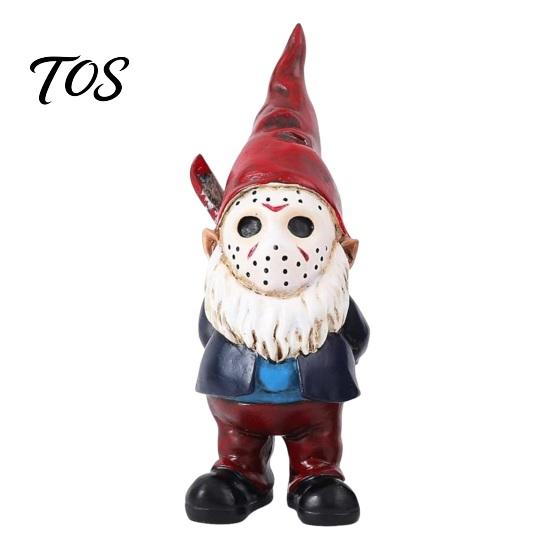 Decorative Halloween Party Favors Voorhees Resin Figurine, Cute Horror Hockey Mask Gnome Statue Hand Painted Art Pieces with Knife, Distressed