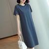 Women Casual Striped Middle Dress Short Sleeve Loose Round Neck Summer Lightweight Comfortable Office Beach Party Dress