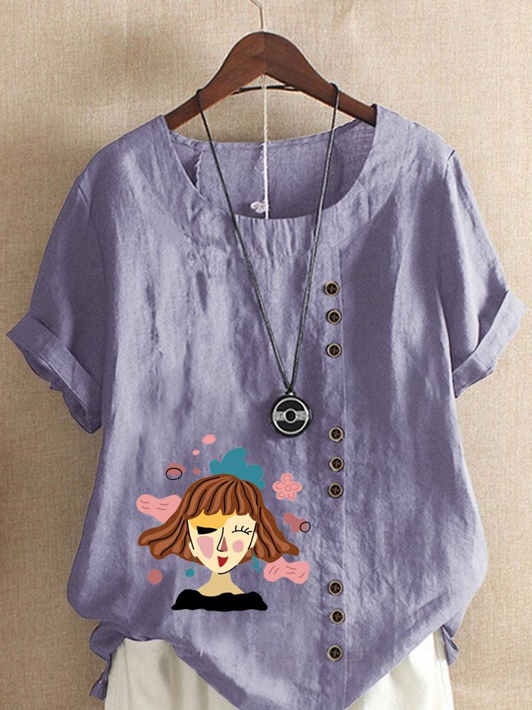 Women's Fashion Abstract Girl Print Shot Sleeve T-shirt Loose Cotton Shirt Casual Loose Summer Plus Size Blouse Tops