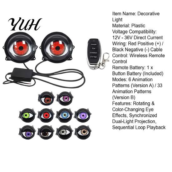 Universal Vehicle Projection Kit Dynamic Eye Car Light, Demon Synchronized RGB Animation Lamps, Decorative Auxiliary Projector Light 6/33 Mode Remote