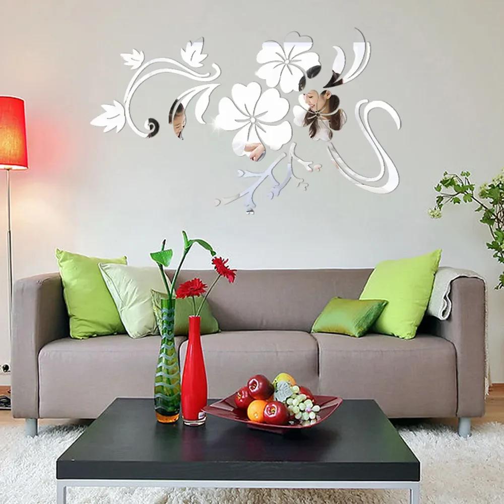 Velké 3D květinové zrcadlové samolepky na zeď Akrylové dekorativní samolepky na zeď Umělecké nástěnné malby do ložnice Dekorace na TV pozadí 120x90cm