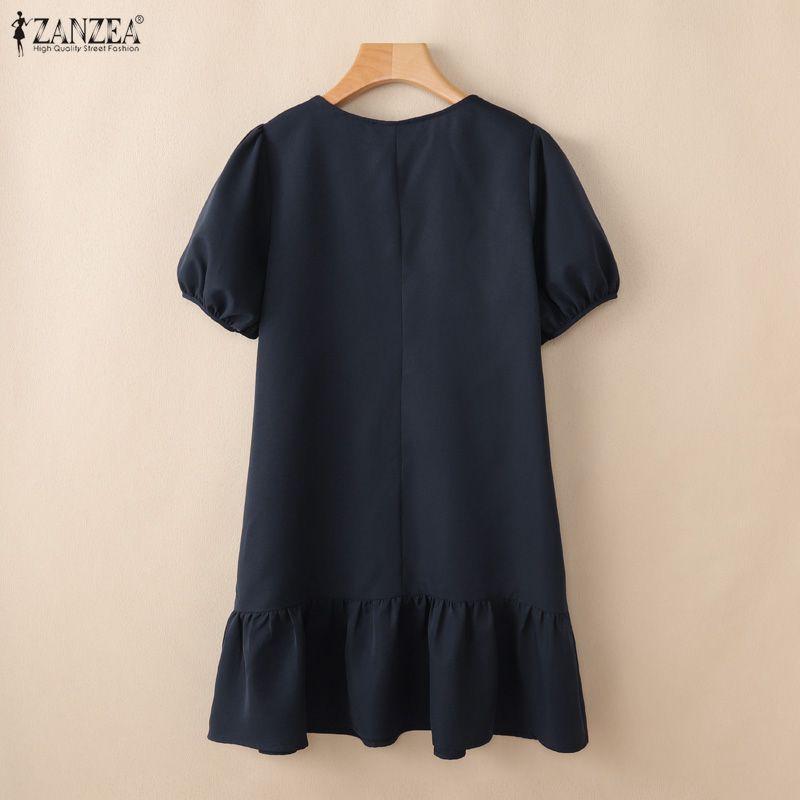 ZANZEA Abito midi casual da donna a maniche corte, tinta unita, con colletto rovesciato