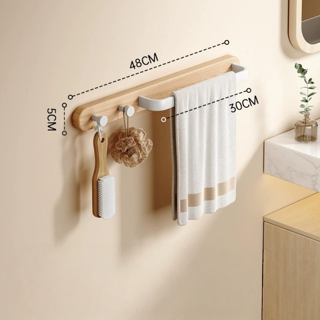 Wood Towel Hanger with Hooks Wall Mounted Towel Holder Black Towel Rack Bathroom Towel Bar Rail  Towel Ring