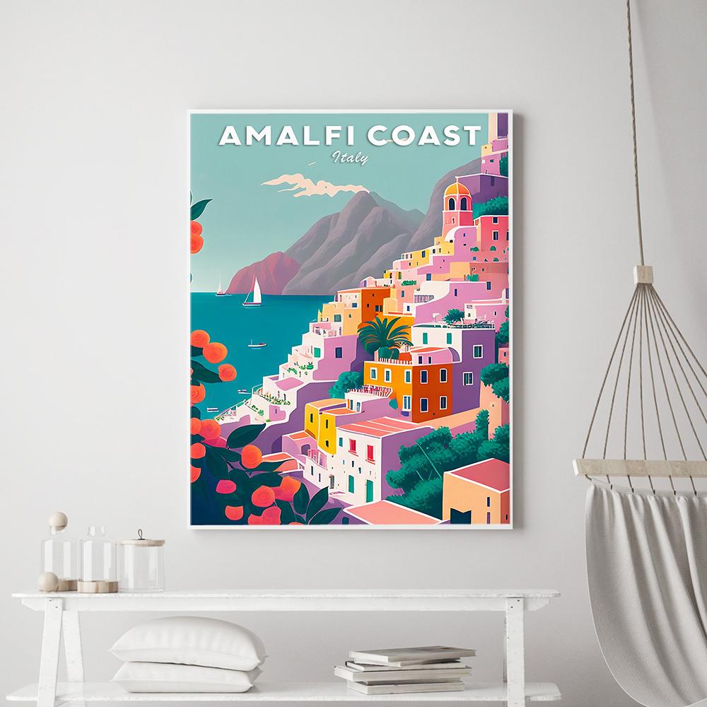 Pôster da Costa Amalfitana Itália Impressão Ilustração Positano Viagem Arte Pintura em Tela Paisagem Nórdica Pintura em Tela Abstrata Decoração
