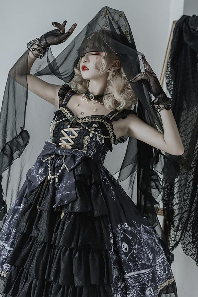 Gothic Lolita JSK Jumper Skirt with Ribbon and Sickly Gothic Mori Idol Size M [XHSUKADO] Lace, Lace-Up, Women's Dress, Cute, Ruffled, Style, Girl,