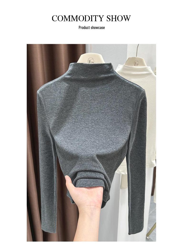 Women's Slim-Fit Gray Thermal Long-Sleeve T-Shirt with Half-High Neck for Autumn/Winter