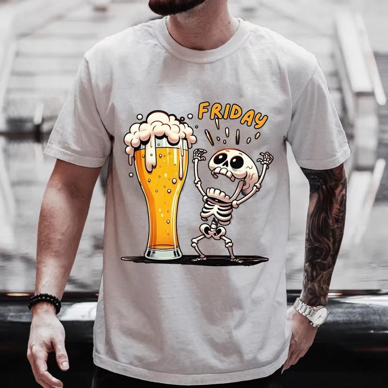 

Summer Beer Fun Skull Print T-shirt for Men Black and White Plus Size Casual Party Round Neck Short Sleeved Street Top 4XL