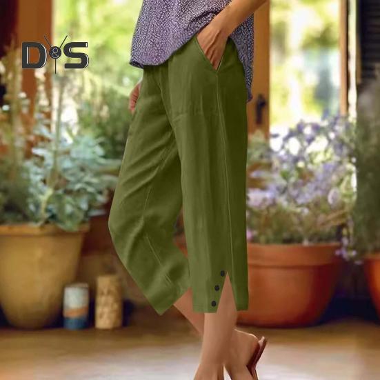 Women Cropped Pants Elastic Waist Wide Leg Beach Pants with Pockets Solid Color Casual Loose Fit Pants