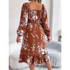 QICED Spring Summer Elegant Flower-patterned, Long-sleeved, Waist-cinched, Ruffled A-line Dress for Women's Wear