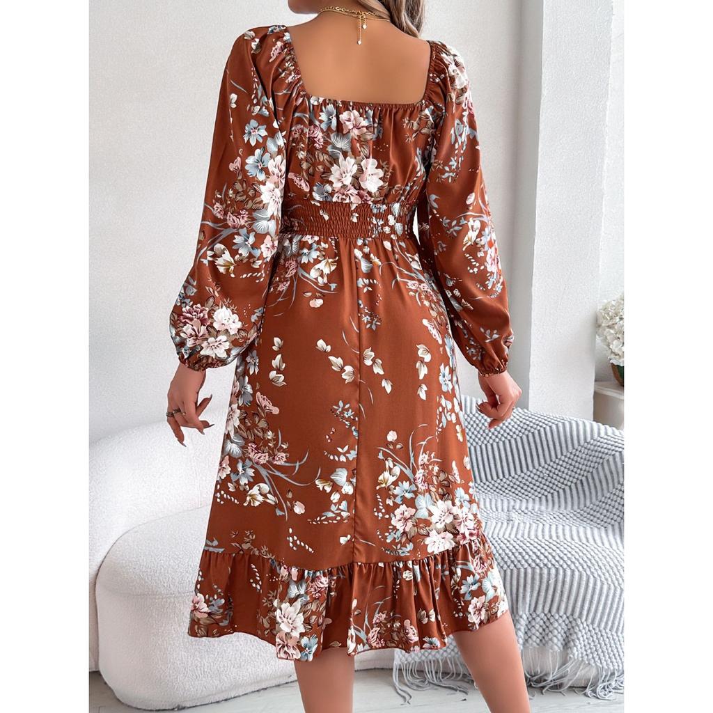QICED Spring Summer Elegant Flower-patterned, Long-sleeved, Waist-cinched, Ruffled A-line Dress for Women's Wear