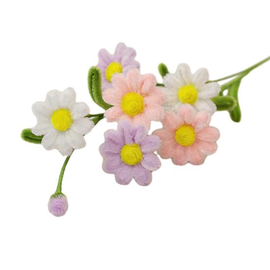 Handmade Pipe Cleaner Flower with Leaves 6 Head Finished Preserved Fake Flower Plush Twist Stick Floral Decoration Wedding Anniversary Mother's