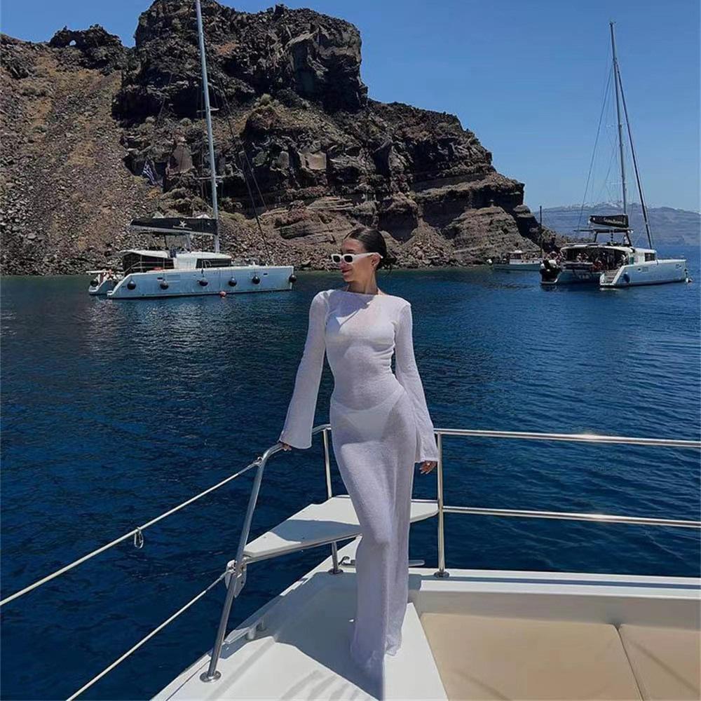 Summer Women's Beach Long Sleeve Backless Dress with Sun Protection