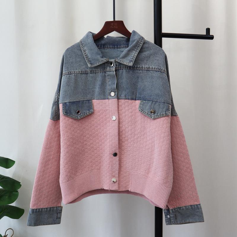 

Autumn and winter new splicing denim knitted cardigan loose contrasting color casual temperament sweater jacket women one size fits all рожевий