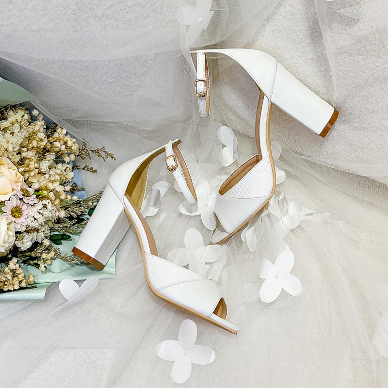 White High Heels Thick Heel Snake Pattern Stitched Sexy Open Toes Not Tired Feet One Word Buckle Women's Sandals Wedding Shoes Wedding Shoes
