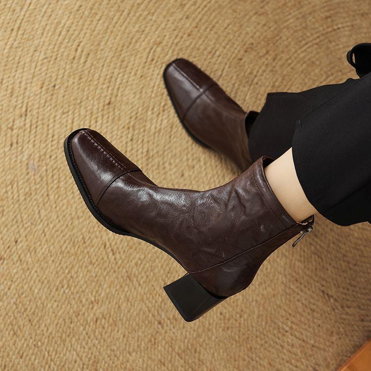 Age Reduction and Thin Temperament French Versatile Square Head Thick Heel Short Boots 2025 Autumn New Rear Zipper Fashion Boots Women