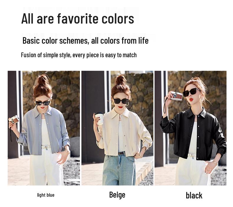 2025 Spring Women's Solid Color Loose Lapel PU Leather Jacket