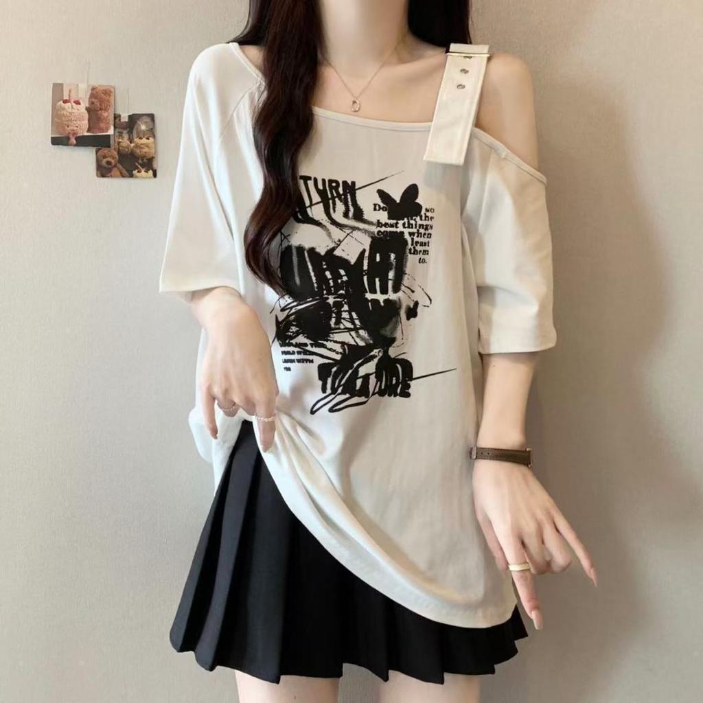 Large size fat mm American retro off-shoulder short-sleeved t-shirt women's design sense summer new loose and thin meat-covering top