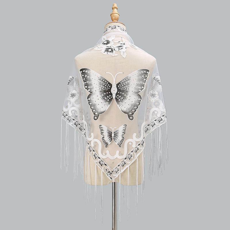 Luxury Flower Lace Hollow Scarf Butterfly Print Tassel Triangle Shawl Wraps Polyester Mesh Scarves Bridal