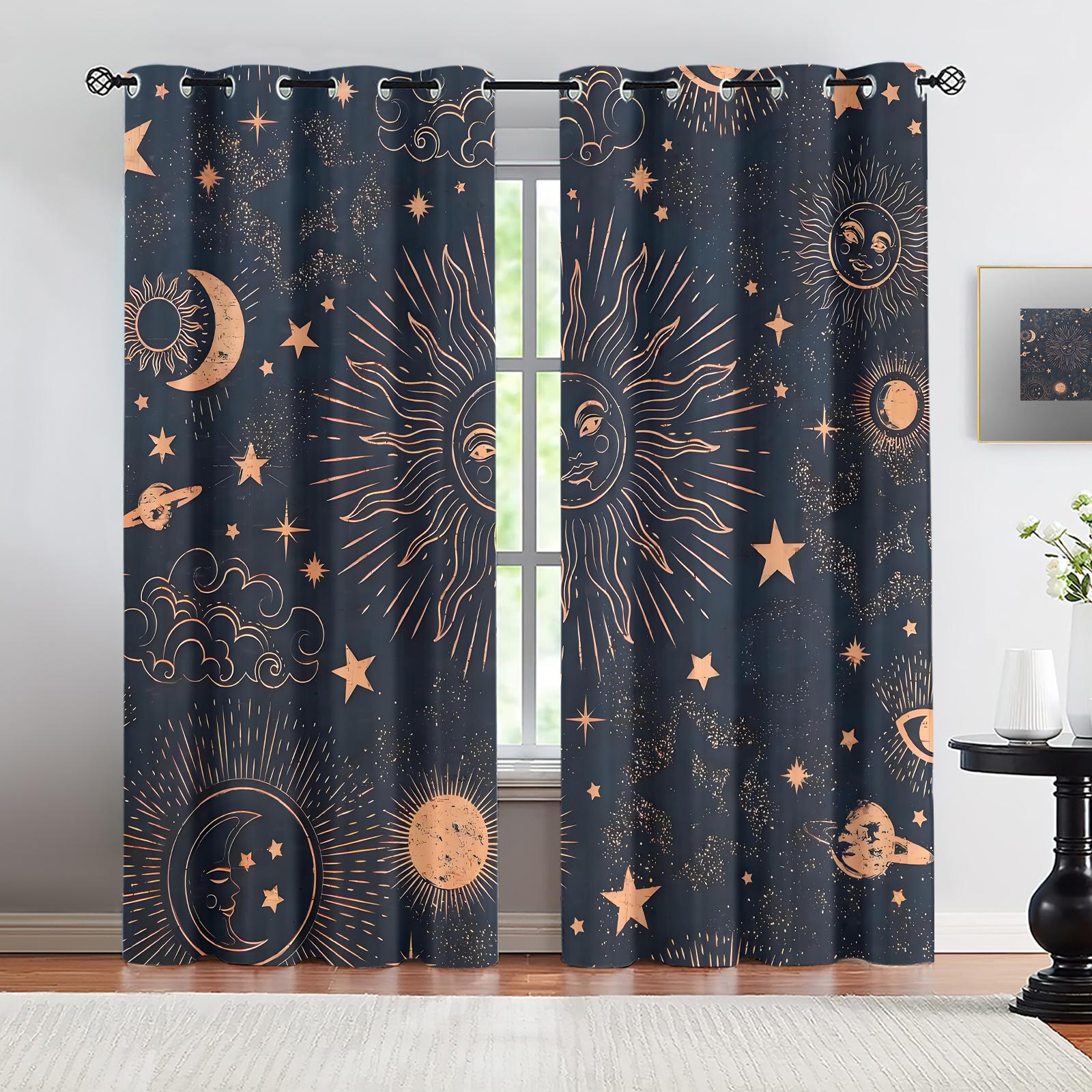 

Set Of 2 Celestial Sun Moon Stars Pattern Printed Curtains Suitable Bedroom Kitchen Dining Room Living Office Bathroom Curtain Polyester Ideal For W100*H70(CM)-Rod Pocket&2PCS