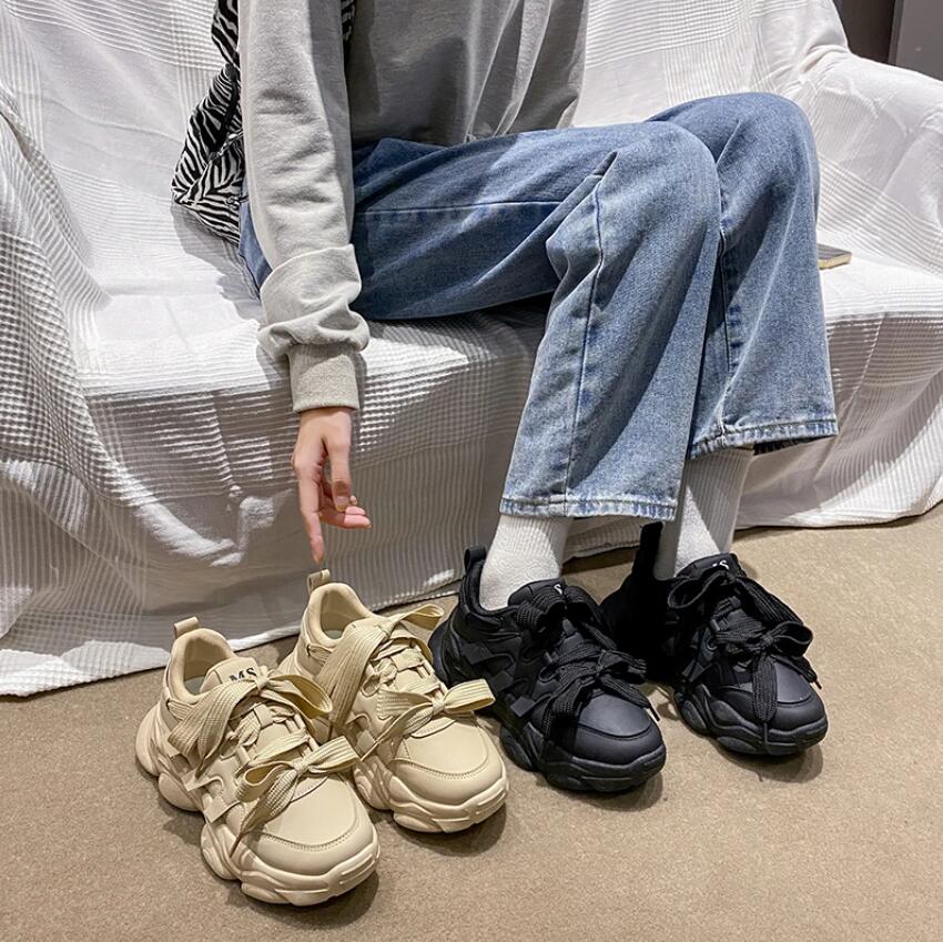 2024 Spring Women Chunky Sneakers White Thick Bottom Falts Increased Round Toe Shoe Trendy Leisure Sports Female Vulcanize Shoes