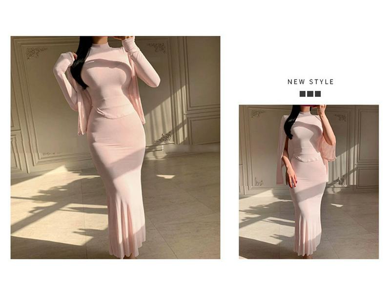Korean Dongdaemun Three-Piece Set: High Neck T-shirt, Cardigan, and Fishtail Skirt for Women