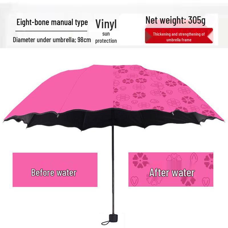 Women's Dual-Use UV Protection Umbrella: Water-Activated Blooming Design, Manual, Sun & Rain Parasol, Black Glue, Large Size.