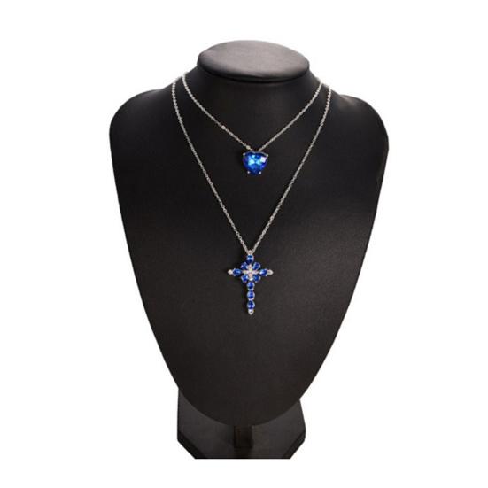 Women Two Layer Cross Heart Full Rhinestones Pendant Necklace Chain Jewelry Gift