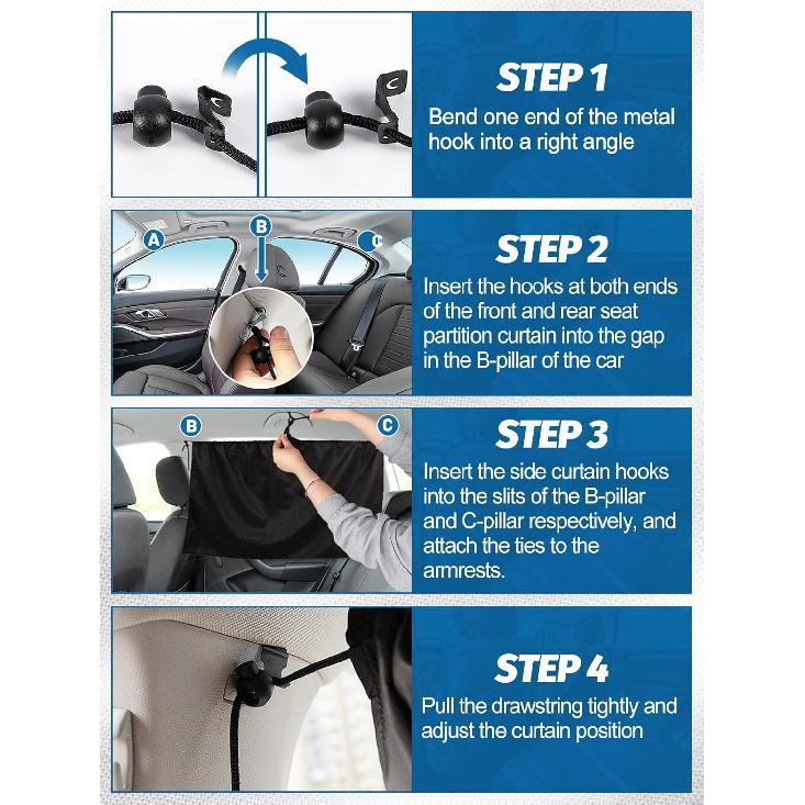 Set Of 3 Car Privacy Curta - 95% Light Blocking Fabric Rear Seat & Side Windows Divider Curtain Baby Shades, Wide Sedan SUV Sunshade Screen Covers