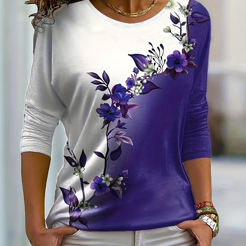 Autumn Women's T-shirt 3D Floral Butterfly Print Fashion Long Sleeve Round Neck Regular Tops Holiday Weekend Spring and Autumn Clothing