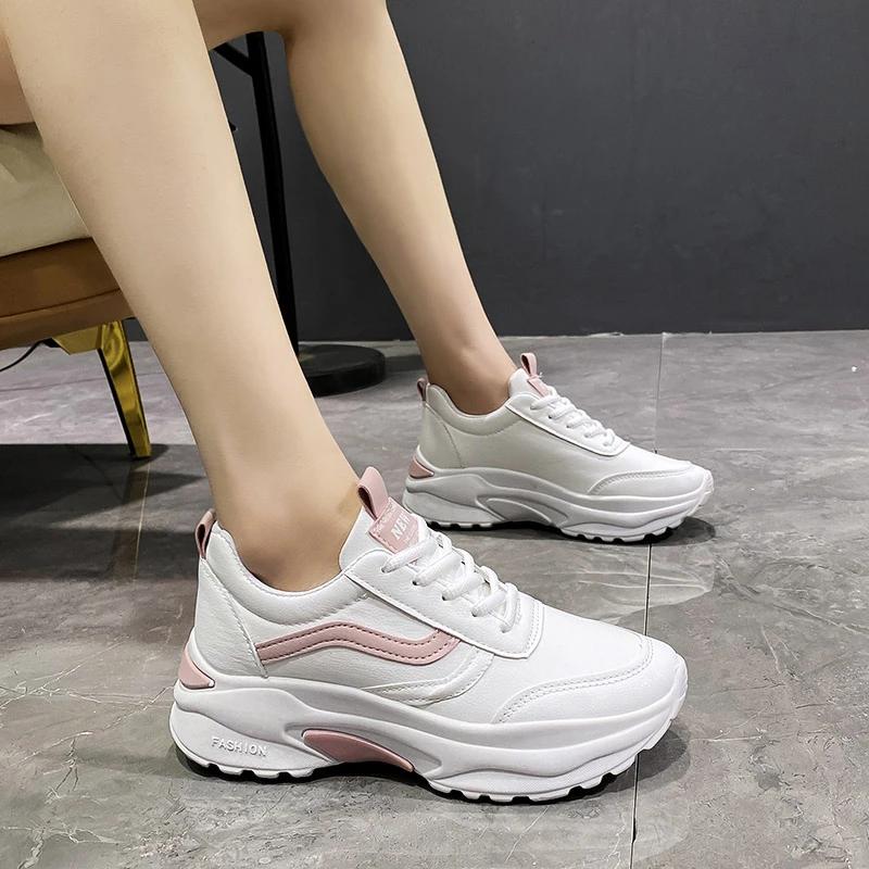 Casual Women Thick-soled Sneakers Fashion Spring Autumn Summer White Black PU Lace-up  Vulcanized Shoes Mesh Rubber Non-slip New