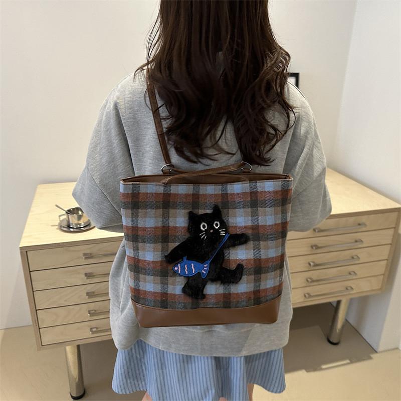 Adorable Trendy Plaid Tote Bag In White Cute Dog Design Perfect For Casual Outings