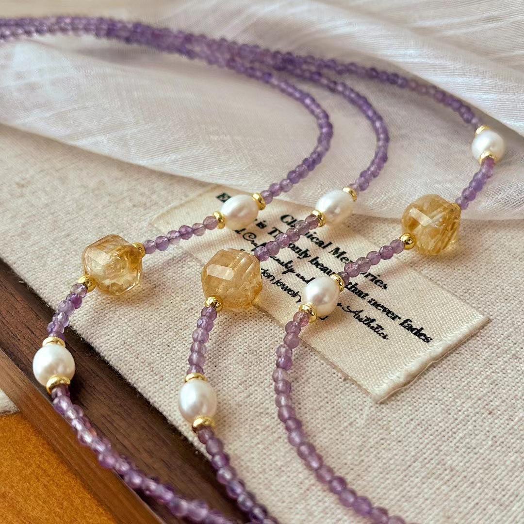 Vintage Natural High Quality Small Particle Amethyst Citrine Freshwater Pearl Collarbone Chain Neck Chain Necklace