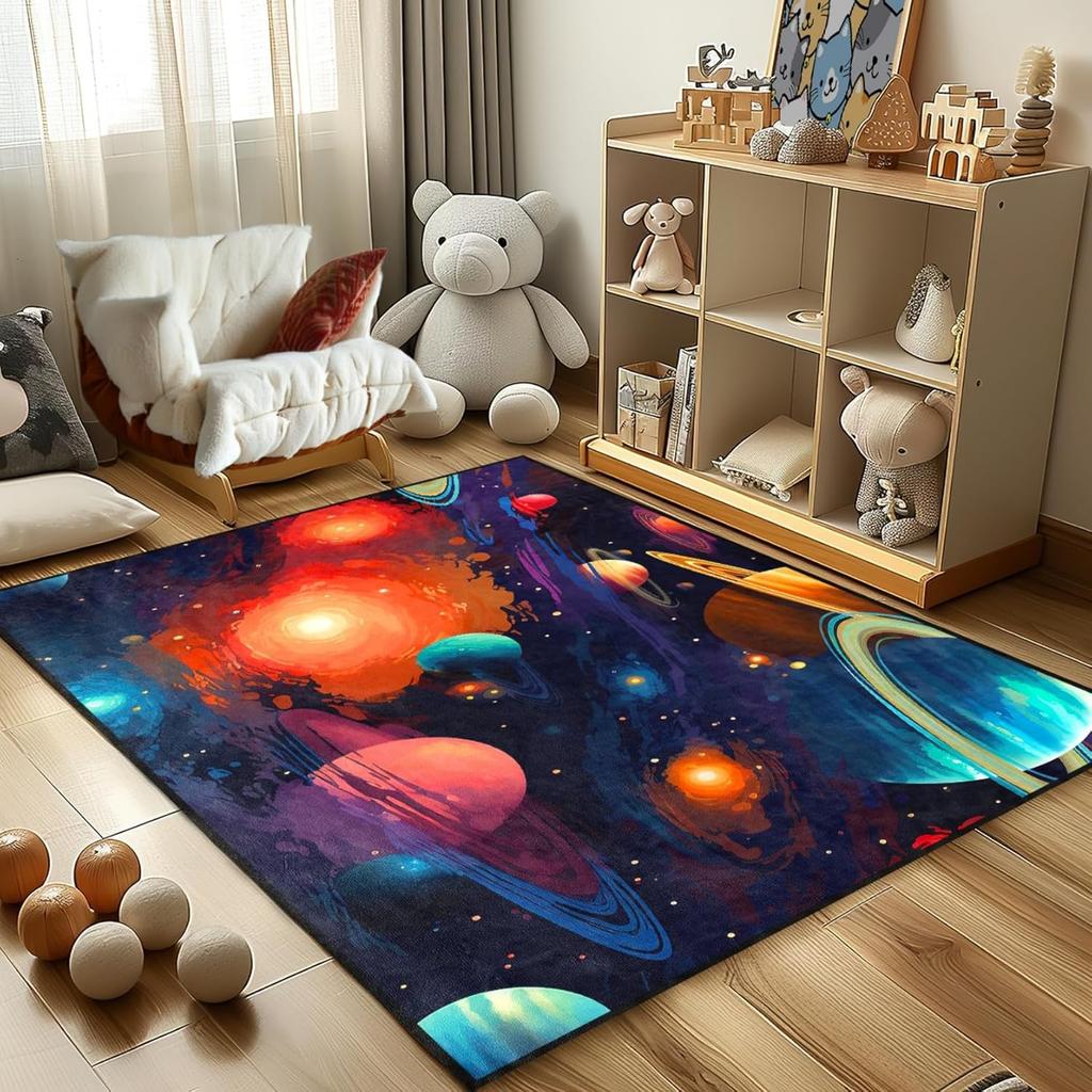 Solar System Area Rug for Kids Bedroom, Educational Universe Planet Carpet, Outer Space Theme Play Mat for Boys and Girls