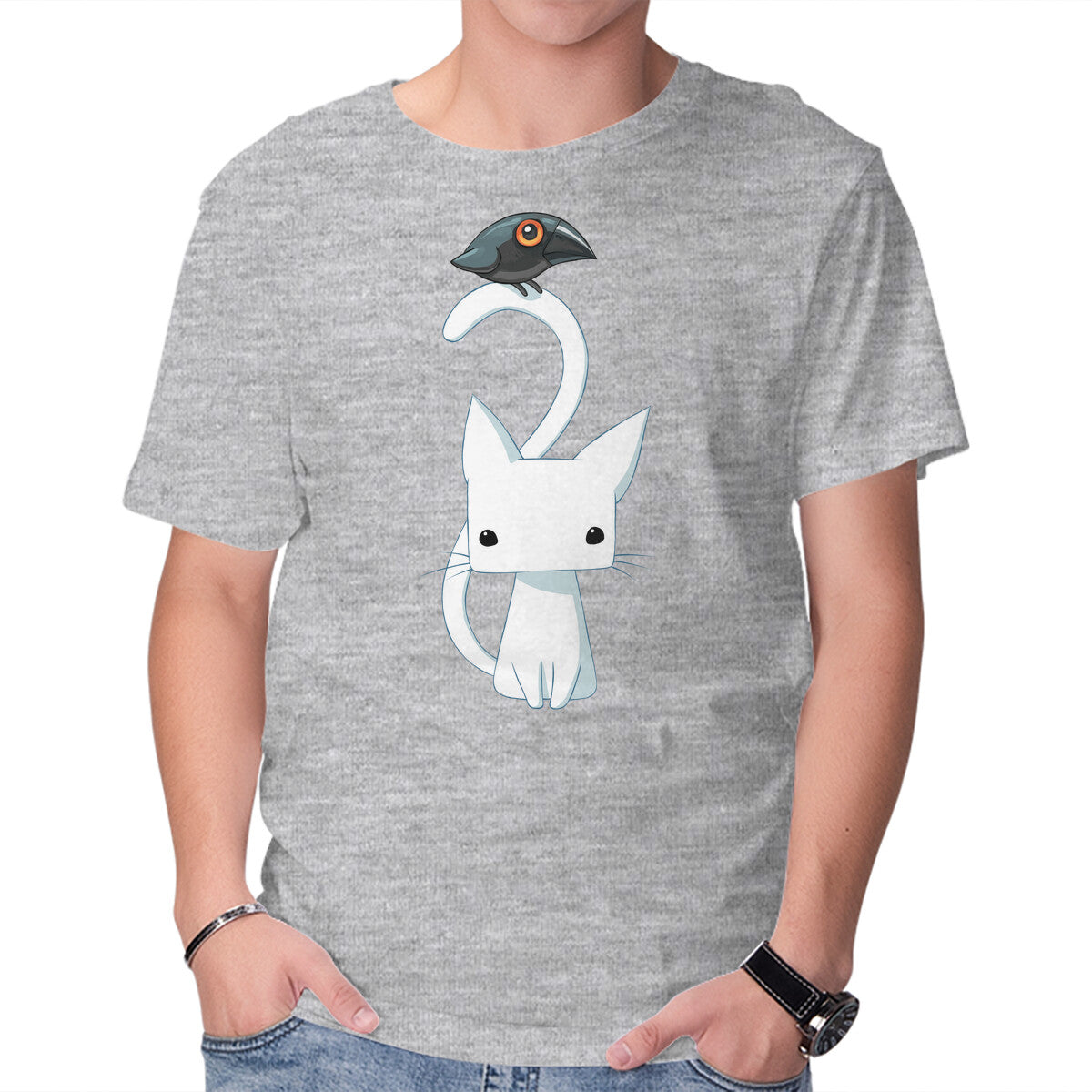 Unisex Crew Neck T-Shirt Cat and Raven Graphic Short Sleeve Casual Tee XL