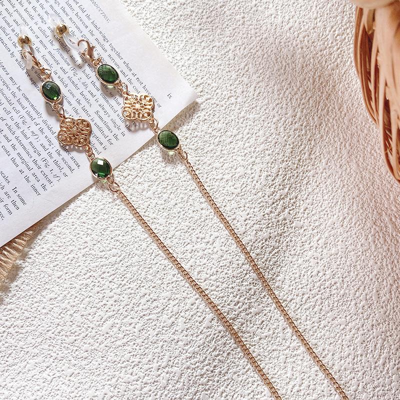 

75cm Eyeglass Chain Crystal Bead Four Leaf Clover Flower Charm Eyewear Retainer Reading Glasses Holder Cord зелений