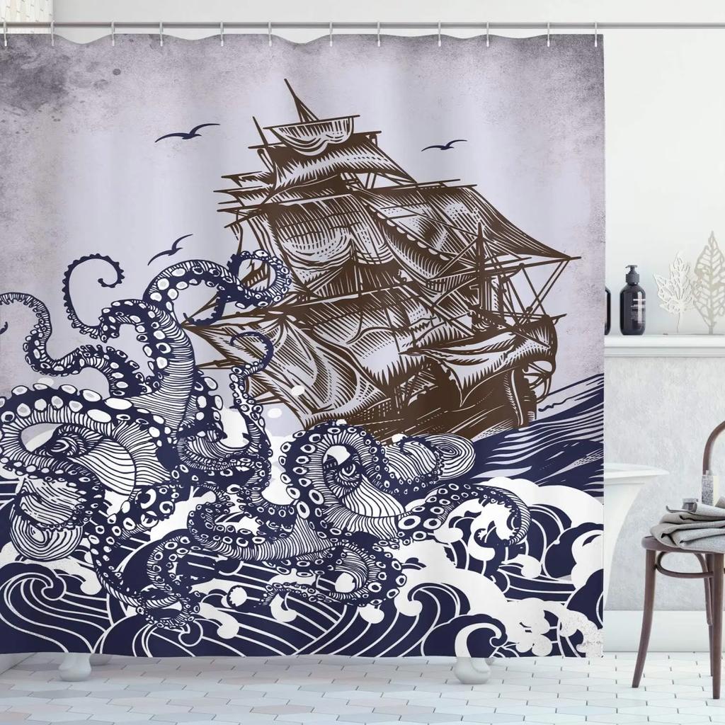 Nautical Shower Curtain, Funny Surreal Image of a Grey Cat Diving in The Deep Ocean Colorful Reef, Cloth Fabric Bathroom Decor