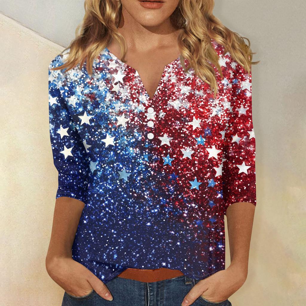 Women Casual V Neck Button Three Quarter Sleeve Top Floral Print Lightweight Loose Fit Blouse for Summer Autumn
