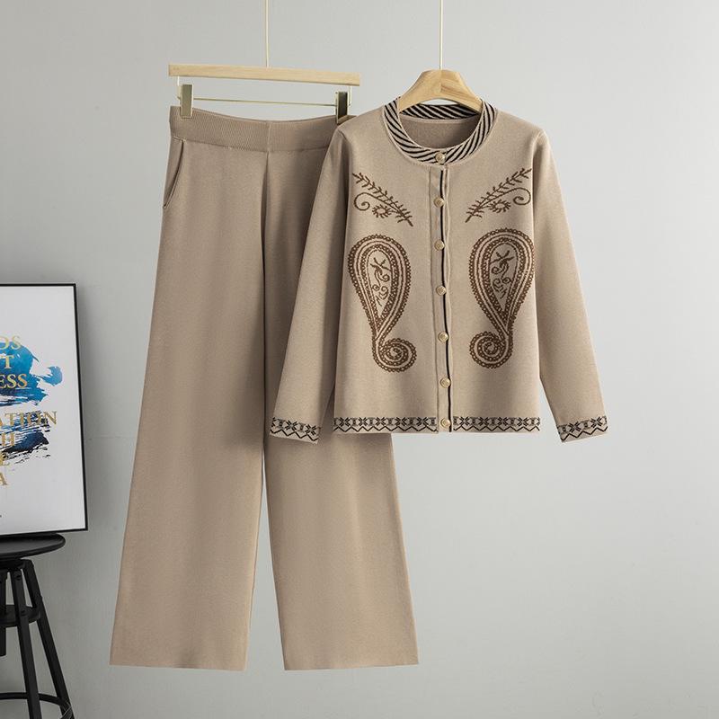 

Women s Jacquard Knit Cardigan & Wide-Leg Pants Set - Trendy, Fashionable, Single-Breasted Top One Size хакі
