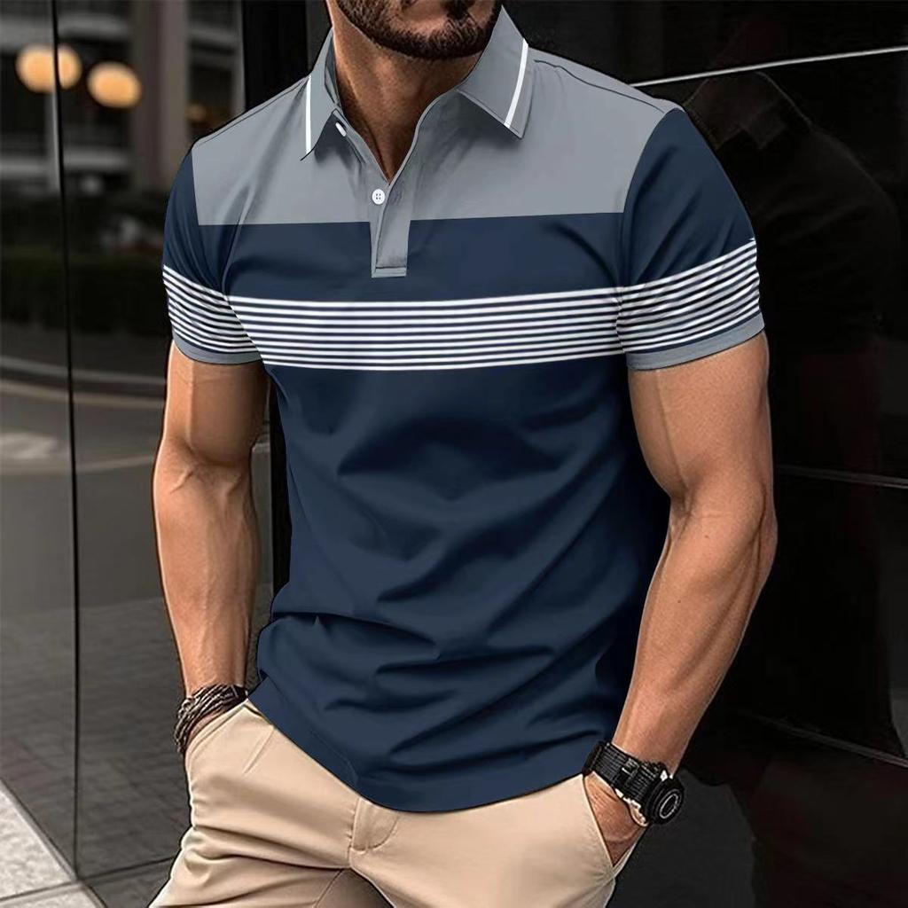 New Men's Casual POLO Shirt Lapel Buttons Business Stripes Versatile Fashion T-shirt Loose Tops