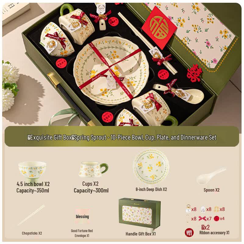 KANGMO Spring Floral 10-Piece Ceramic Dinnerware Set