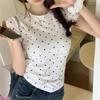 Retro Cotton Right Shoulder Short Sleeve T-shirt Polka Dot Summer New Style Slimming Fashion Hot Girl Versatile Top
