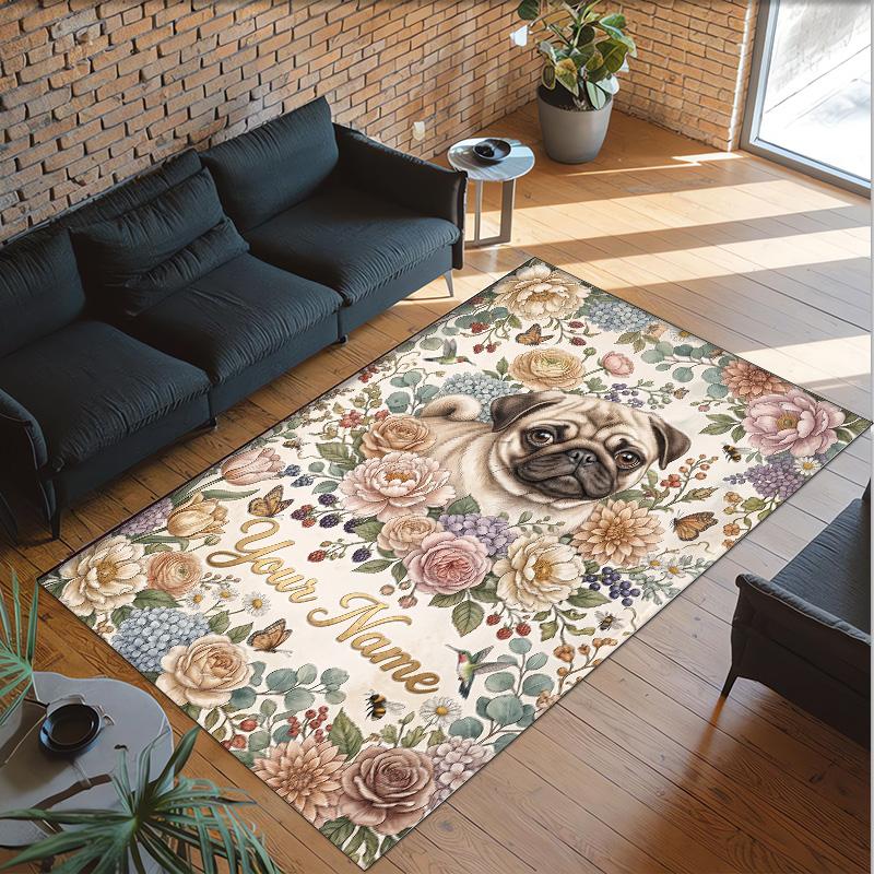 Pug Theme Crystal Velvet Floor Rug Personalized Custom Name Text Warm Carpet Home Decoration
