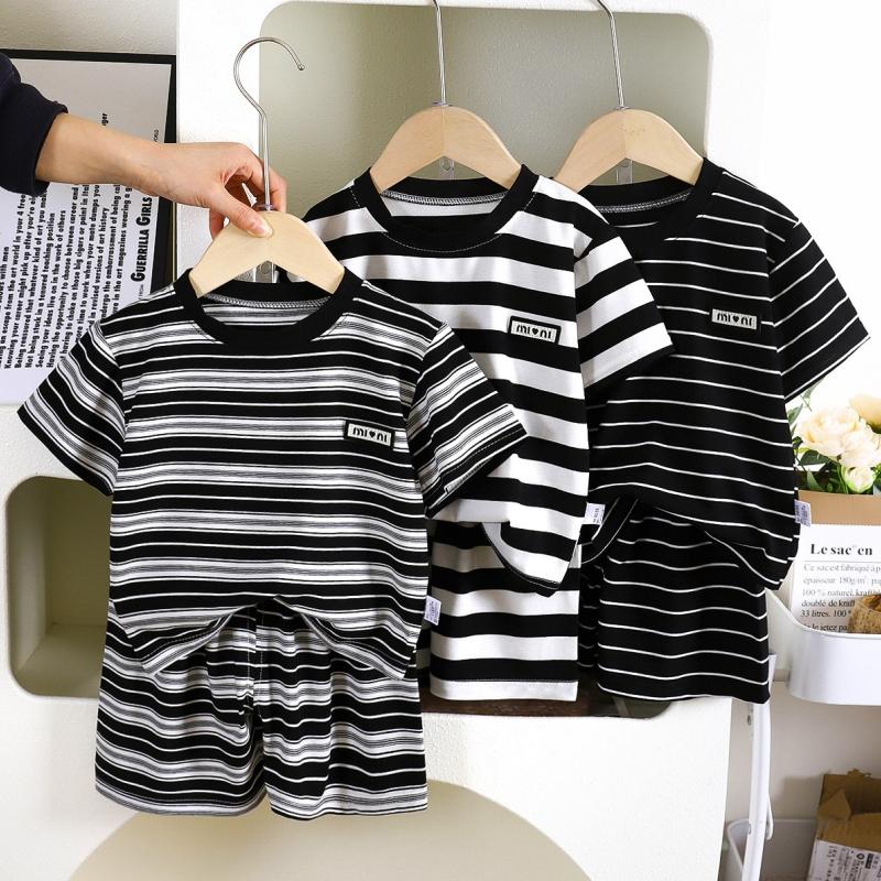 2Pcs/set Striped Casual Sports Short Sleeve +Short Pants Set Summer Children's Top and Bottom Clothes Set
