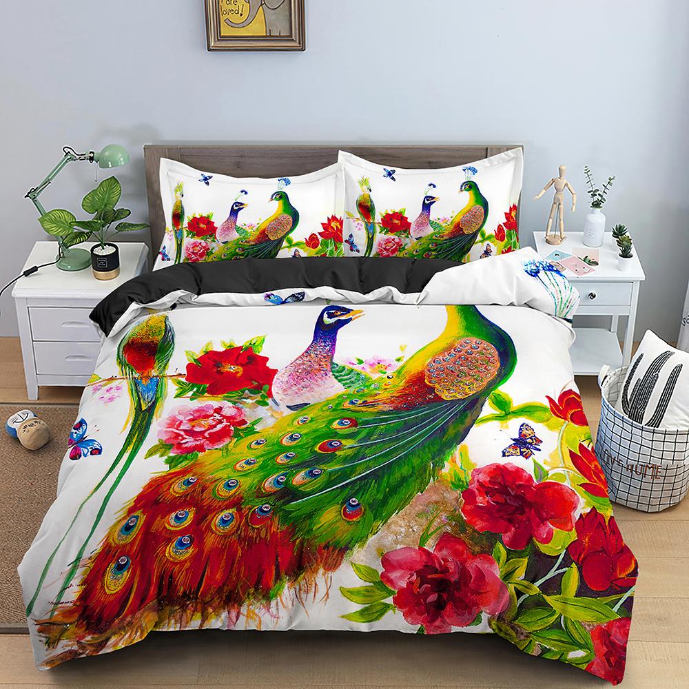 Peacock Duvet Cover King Queen Size Hummingbird Dragonfly Bedding Set Flowers Birds Quilt Cover Floral Animals Comforter Cover