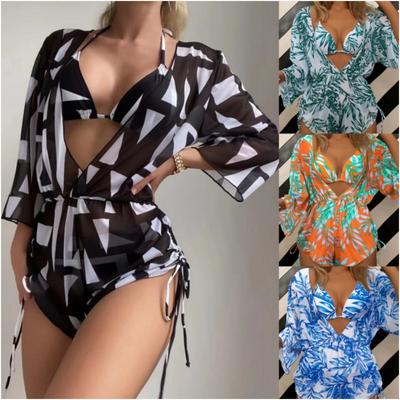 Üç Parçalı Bikini Mayo Yaprak Baskı Bel Bağcıklı Moda Uzun Kollu Plaj Anti-Ddos Mayo