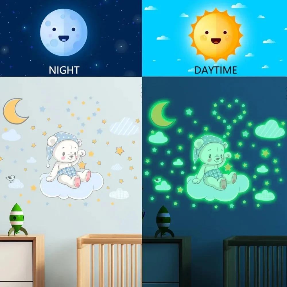 Animacinis filmas Meškiukas Mėnulis Debesis Šviečiantys sienos lipdukai Kūdikių vaikų kambario miegamojo dekoravimo tapetai Švyti tamsoje namų dekoro lipdukai